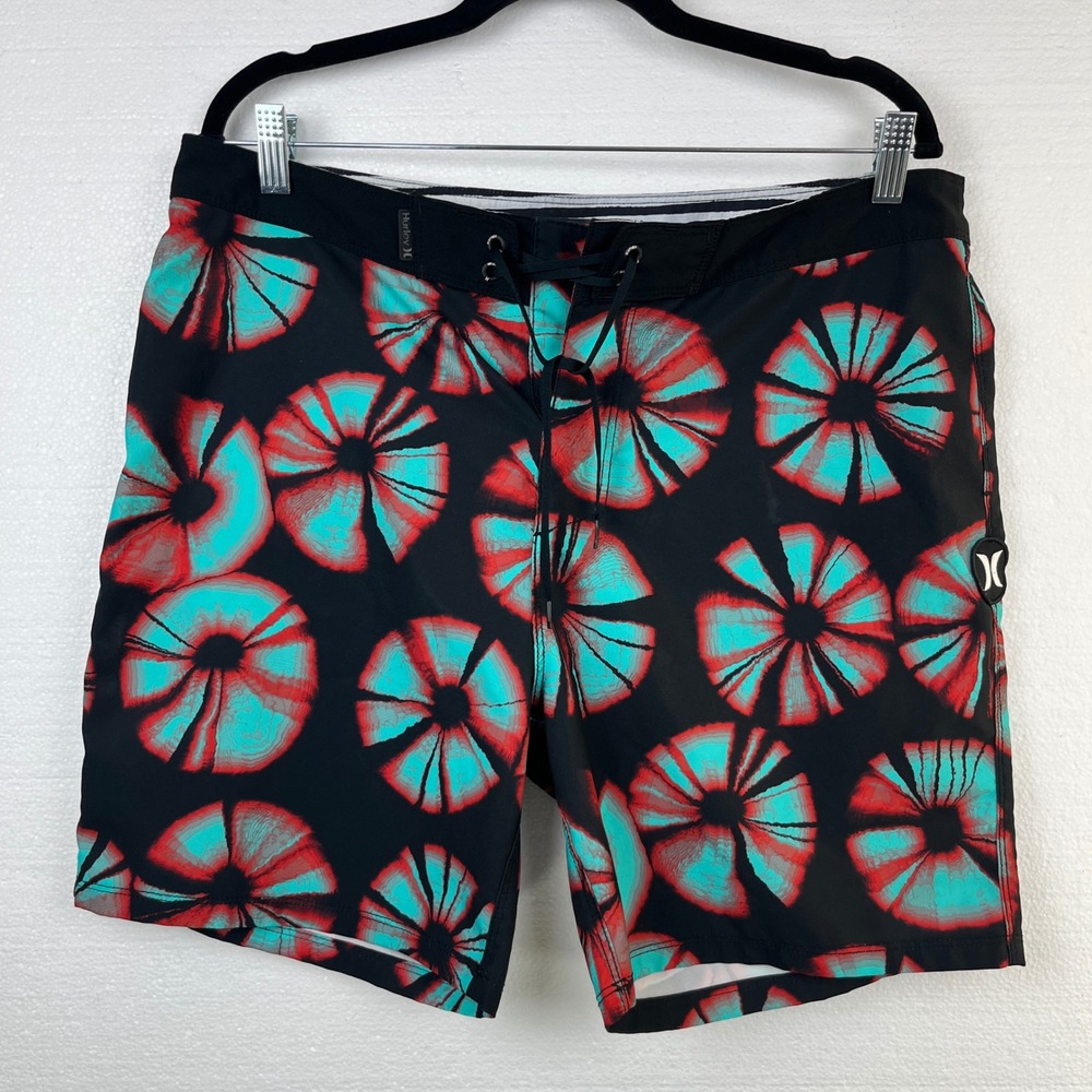 Hurley Mens Board Shorts Size 34 Black Teal Red Surf Swim Trunks - Picture 1 of 9